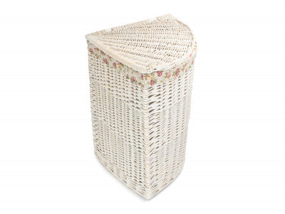 Basket, LARGE CORNER WHITE WASH LAUNDRY HAMPER with GARDEN ROSE LINING
