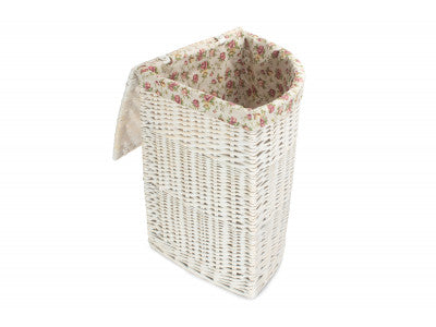 Basket, LARGE CORNER WHITE WASH LAUNDRY HAMPER with GARDEN ROSE LINING