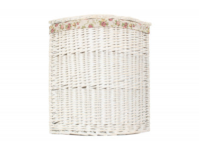 Basket, LARGE CORNER WHITE WASH LAUNDRY HAMPER with GARDEN ROSE LINING