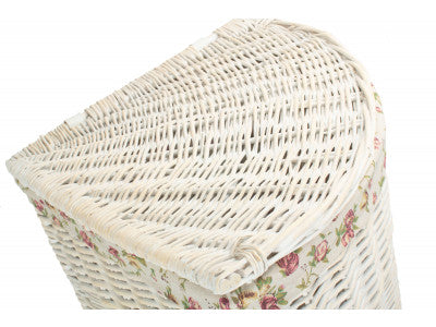 Basket, LARGE CORNER WHITE WASH LAUNDRY HAMPER with GARDEN ROSE LINING