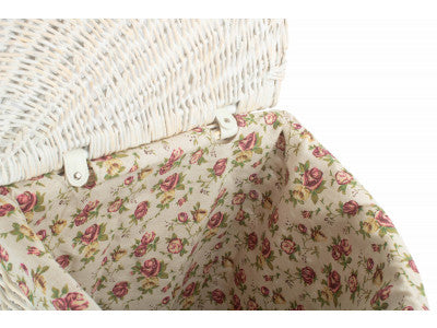 Basket, LARGE CORNER WHITE WASH LAUNDRY HAMPER with GARDEN ROSE LINING