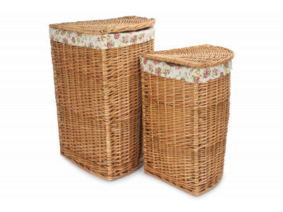 Basket, Set of 2 LIGHT STEAMED CORNER LINEN BASKET with  GARDEN ROSE LINING 