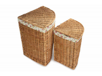 Basket, Set of 2 LIGHT STEAMED CORNER LINEN BASKET with  GARDEN ROSE LINING 