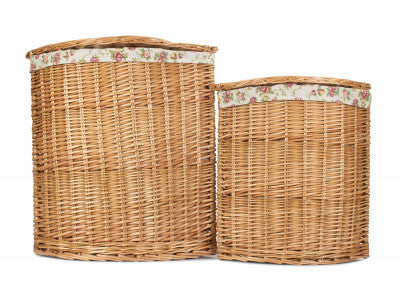 Basket, Set of 2 LIGHT STEAMED CORNER LINEN BASKET with  GARDEN ROSE LINING 