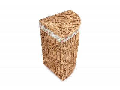 Basket, SMALL LIGHT STEAMED CORNER LINEN BASKET with GARDEN ROSE LINING