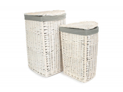 Basket, Set of 2 CORNER WHITE WASH LAUNDRY HAMPER with GREY SAGE LINING 