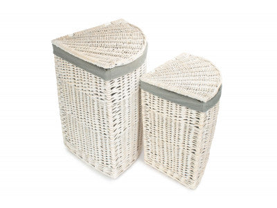 Basket, Set of 2 CORNER WHITE WASH LAUNDRY HAMPER with GREY SAGE LINING 