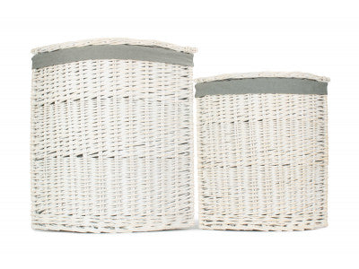 Basket, Set of 2 CORNER WHITE WASH LAUNDRY HAMPER with GREY SAGE LINING 