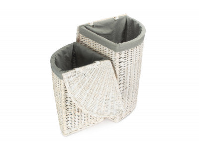 Basket, Set of 2 CORNER WHITE WASH LAUNDRY HAMPER with GREY SAGE LINING 
