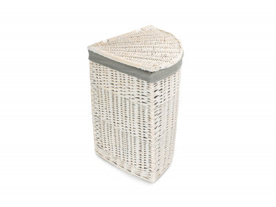 Basket, LARGE CORNER WHITE WASH LAUNDRY HAMPER with GREY SAGE LINING 