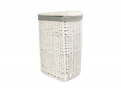 Basket, LARGE CORNER WHITE WASH LAUNDRY HAMPER with GREY SAGE LINING 