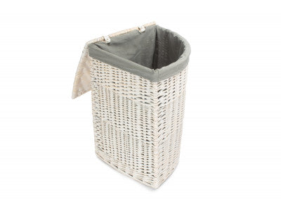 Basket, LARGE CORNER WHITE WASH LAUNDRY HAMPER with GREY SAGE LINING 