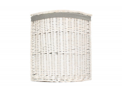Basket, LARGE CORNER WHITE WASH LAUNDRY HAMPER with GREY SAGE LINING 