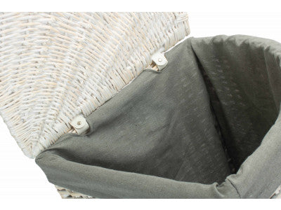 Basket, LARGE CORNER WHITE WASH LAUNDRY HAMPER with GREY SAGE LINING 