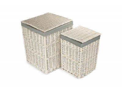Basket, Set of 2 SQUARE WHITE WASH LAUNDRY HAMPER with GREY SAGE LINING 