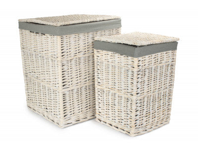 Basket, Set of 2 SQUARE WHITE WASH LAUNDRY HAMPER with GREY SAGE LINING 