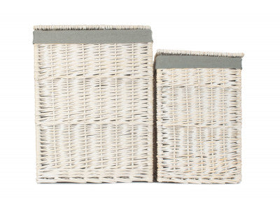 Basket, Set of 2 SQUARE WHITE WASH LAUNDRY HAMPER with GREY SAGE LINING 