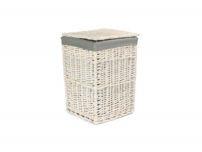 Basket, SMALL SQUARE WHITE WASH LAUNDRY HAMPER with GREY SAGE LINING 