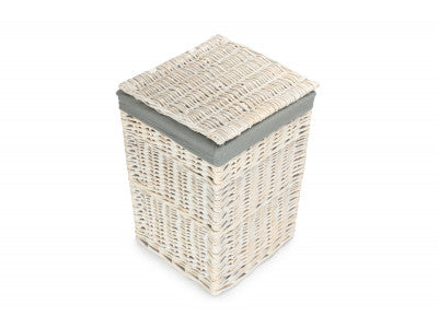 Basket, SMALL SQUARE WHITE WASH LAUNDRY HAMPER with GREY SAGE LINING 