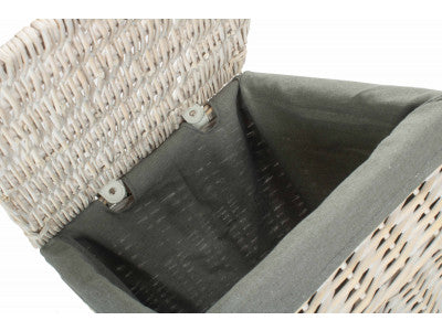Basket, SMALL SQUARE WHITE WASH LAUNDRY HAMPER with GREY SAGE LINING 