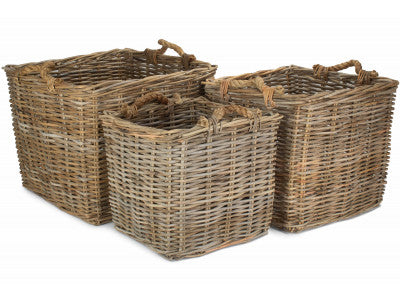 Basket, Set of 3 SQUARE GREY RATTAN LOG BASKET 