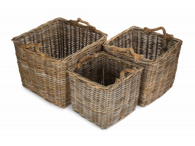 Basket, Set of 3 SQUARE GREY RATTAN LOG BASKET 
