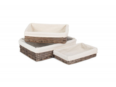 Basket, Set of 3 LINED ANTIQUE WASH RECTANGULAR STRAIGHT SIDED TRAY 