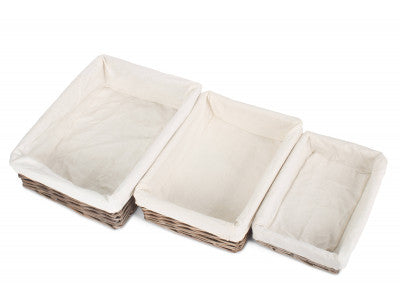 Basket, Set of 3 LINED ANTIQUE WASH RECTANGULAR STRAIGHT SIDED TRAY 