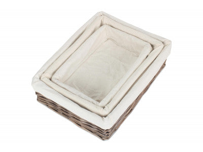 Basket, Set of 3 LINED ANTIQUE WASH RECTANGULAR STRAIGHT SIDED TRAY 