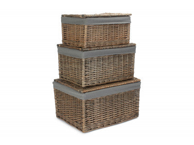 Basket, Set of 3 ANTIQUE WASH FINISH STORAGE HAMPER with GREY SAGE LINING 