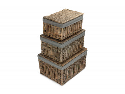 Basket, Set of 3 ANTIQUE WASH FINISH STORAGE HAMPER with GREY SAGE LINING 