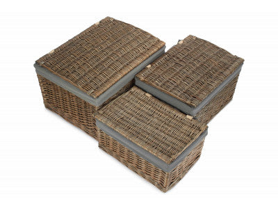 Basket, Set of 3 ANTIQUE WASH FINISH STORAGE HAMPER with GREY SAGE LINING 