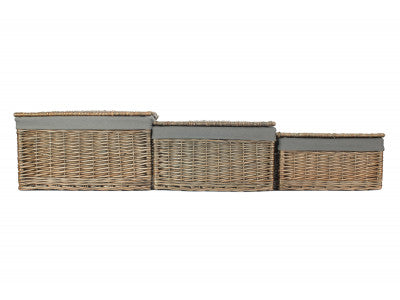 Basket, Set of 3 ANTIQUE WASH FINISH STORAGE HAMPER with GREY SAGE LINING 