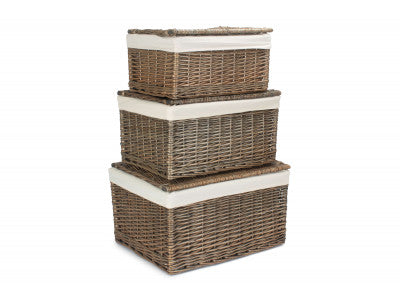 Basket, Set of 3 ANTIQUE WASH FINISH STORAGE HAMPER with WHITE LINING 
