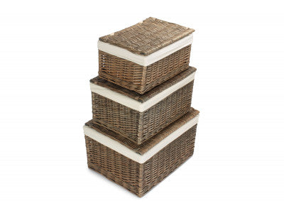 Basket, Set of 3 ANTIQUE WASH FINISH STORAGE HAMPER with WHITE LINING 