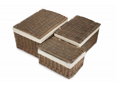 Basket, Set of 3 ANTIQUE WASH FINISH STORAGE HAMPER with WHITE LINING 