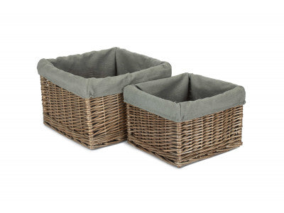 Basket, SQUARE ANTIQUE WASH STORAGE BASKETS with GREY SAGE LINING SET 2 