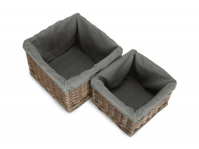 Basket, SQUARE ANTIQUE WASH STORAGE BASKETS with GREY SAGE LINING SET 2 