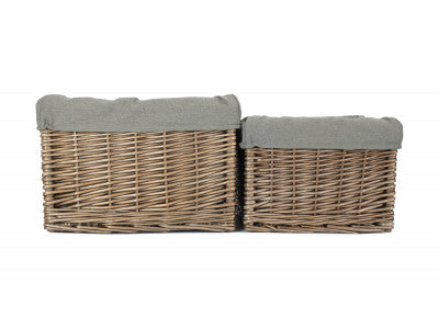 Basket, SQUARE ANTIQUE WASH STORAGE BASKETS with GREY SAGE LINING SET 2 