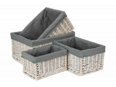 Basket, Set of 4 WHITE WASH STORAGE BASKETS with GREY SAGE LINING 