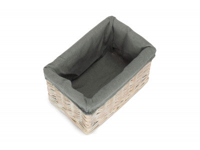 Basket, SMALL WHITE WASH STORAGE BASKET with GREY SAGE LINING 