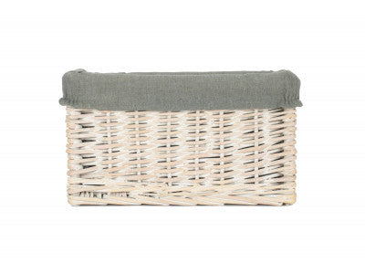 Basket, SMALL WHITE WASH STORAGE BASKET with GREY SAGE LINING 