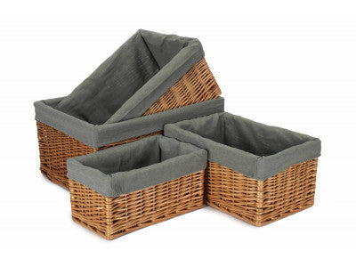 Basket, Set of 4 DOUBLE STEAMED STORAGE BASKETS with GREY SAGE LINING 
