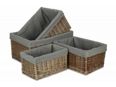 Basket, Set of 4 ANTIQUE WASH STORAGE BASKETS with GREY SAGE LINING 