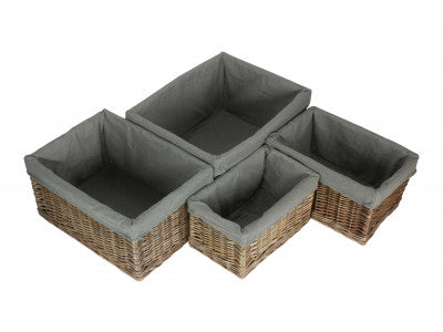 Basket, Set of 4 ANTIQUE WASH STORAGE BASKETS with GREY SAGE LINING 