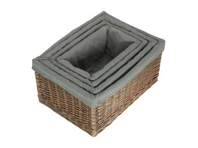Basket, Set of 4 ANTIQUE WASH STORAGE BASKETS with GREY SAGE LINING 