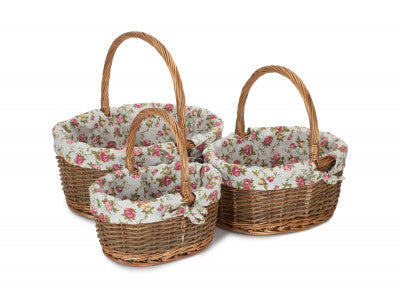 Basket, Set of 3 OVAL UNPEELED SHOPPERS with GARDEN ROSE LINING 