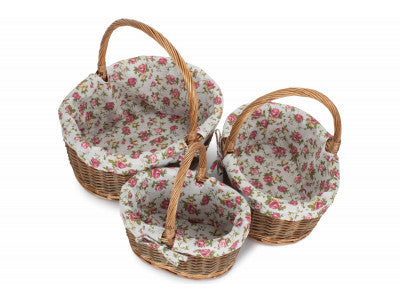 Basket, Set of 3 OVAL UNPEELED SHOPPERS with GARDEN ROSE LINING 