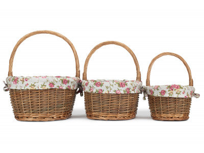 Basket, Set of 3 OVAL UNPEELED SHOPPERS with GARDEN ROSE LINING 