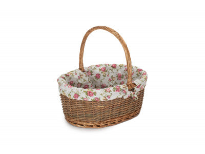 Basket, SIZE 3 OVAL UNPEELED WILLOW SHOPPER with GARDEN ROSE LINING